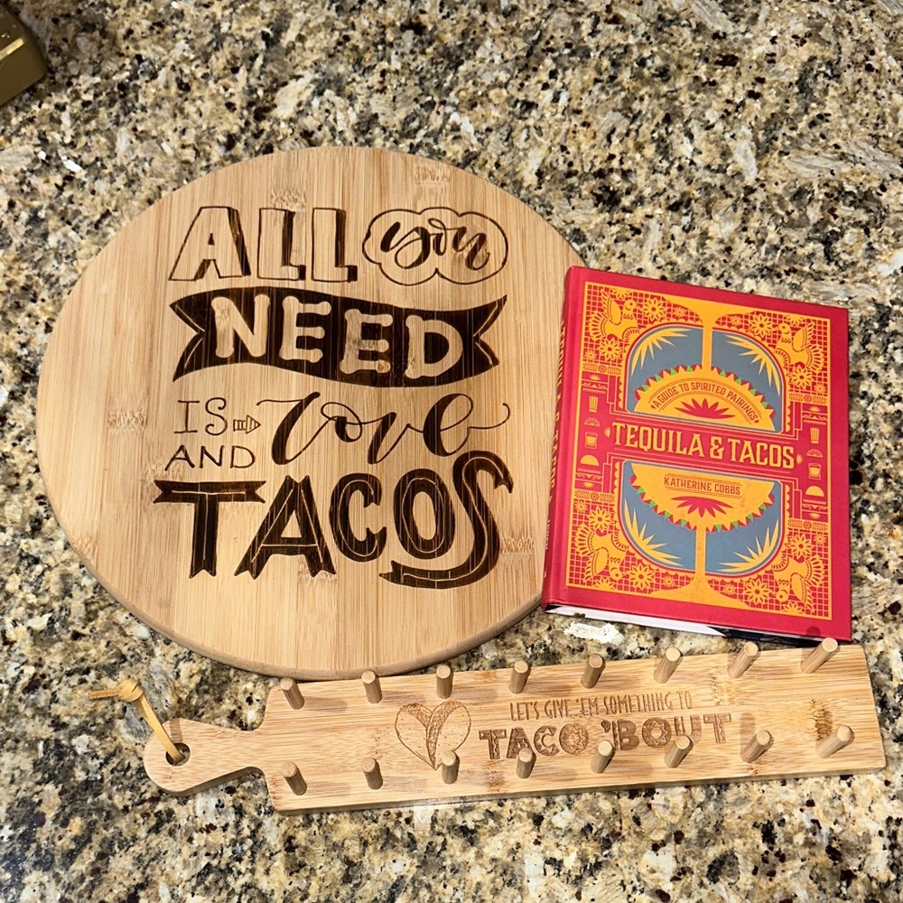 Tequila & Tacos 🌮 gift set. Bamboo lazy Susan, taco Serving Set and book